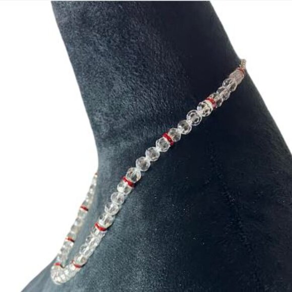 Handcrafted Necklace Clear Glass Beads and Ruby Colored Rhinestone Rondelles 20" - Picture 2 of 5